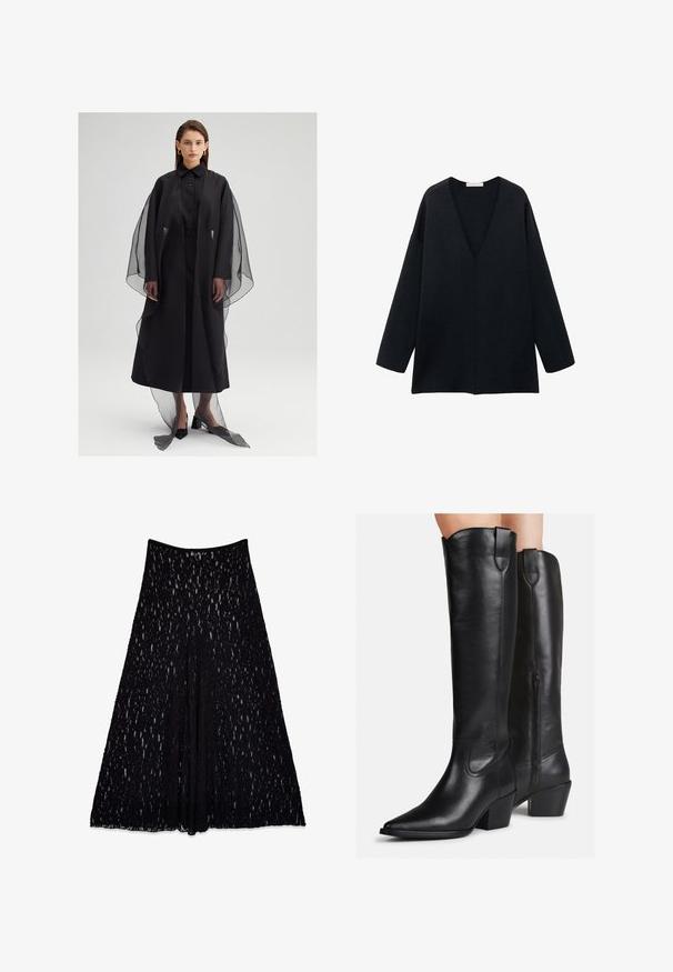 Black dress with a straight silhouette, featuring a sheer overlay and buttoned front. The texture is smooth, with wide sleeves and a floor-length hem.; Black, loose-fitting V-neck top with long sleeves, made from soft fabric. Simple design with a straight hem and no distinct patterns or accents.; Black lace skirt with a flared silhouette, featuring a textured pattern and a smooth waistband, knee-length with a lined interior.; Knee-high black leather boots with a pointed toe, block heel, and decorative stitching. Side zipper and pull tab at the top for ease of wear.