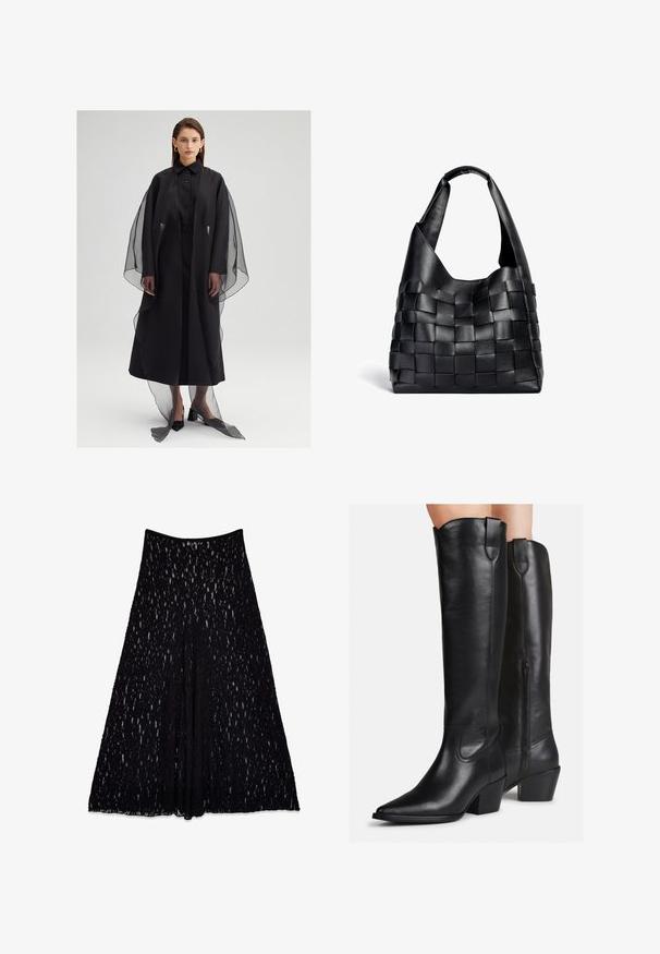 Abito nero con silhouette dritta, caratterizzato da un sottile strato trasparente e una chiusura frontale con bottoni. La texture è liscia, con maniche ampie e orlo fino al pavimento.; Top nero, ampio e scollato a V con maniche lunghe, realizzato in tessuto morbido. Design semplice con orlo dritto e senza motivi o accenti distintivi.; Gonna in pizzo nero con silhouette svasata, caratterizzata da un motivo tessurizzato e una cintura morbida, lunghezza al ginocchio con un interno foderato.; Stivali neri in pelle al ginocchio con punta affusolata, tacco a blocco e cuciture decorative. Cerniera laterale e linguetta superiore per facilitare l'indossamento.; Borsa a spalla in pelle nera intrecciata con una forma morbida e ampio manico. Caratterizzata da un design testurizzato e intrecciato con una finitura liscia.