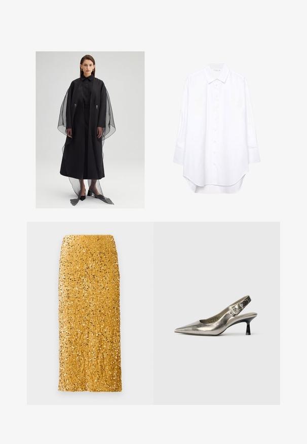 Czarna sukienka o prostej sylwetce, z przezroczystą nakładką i zapięciem na guziki z przodu. Tekstura jest gładka, z szerokimi rękawami i długością do podłogi.; Biała koszula z długim rękawem, zapinana na guziki, z szpiczastym kołnierzykiem i zaokrąglonym dołem, wyeksponowana na jednolitym tle.; Złota midi spódnica pokryta błyszczącymi cekinami, o prostym kroju i wysokim stanie, na białym tle.; Srebrne metaliczne szpilki slingback z ostrym noskiem, małym czarnym obcasem i detalem w postaci klamry na pasku. Gładka skórzana tekstura.