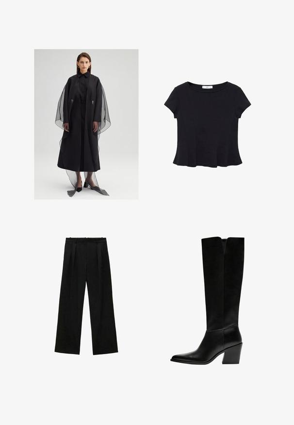 Črna obleka s pravim silhueto, ki ima prosojno prevleko in gumbno sprednjo stran. Tekstura je gladka, široki rokavi in dolžina do tal.; Črna majica s kratkimi rokavi iz mehkega materiala, z zaobljenim izrezom in razširjenim robom s subtilnim šivnim detajlom.; Črne široke hlače z naborki, ki imajo gladko teksturo in visok pas. Minimalističen slog, brez vidne opreme ali okrasnih elementov.; Črne gležnjarje do kolen iz gladkega usnja, z ostrim nosom, blokinim peto in V-oblikovanim izrezom na vrhu.
