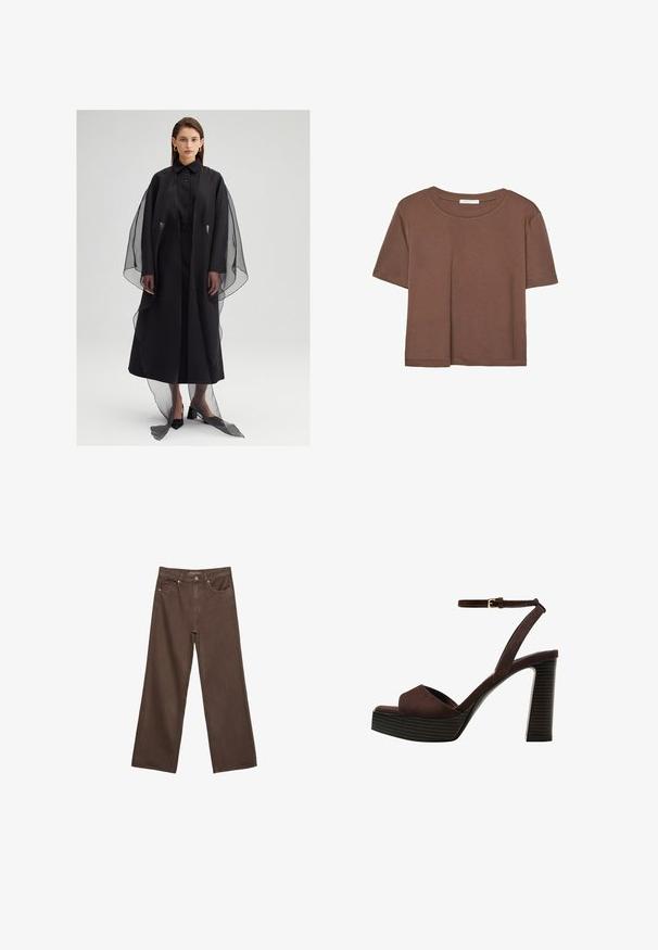 Crna haljina s ravnom siluetom, koja ima prozirni preklop i dugmad sprijeda. Tekstura je glatka, s širokim rukavima i dužinom do poda.; Smeđi kratki rukav majica od mekog materijala, s okruglim izrezom i opuštenim krojem. Nema vidljivih uzoraka ili naglasaka.; Proširene smeđe traperice od denima, s visokim strukom, prednjim džepovima i klasičnom kopčom na dugme. Glatka tekstura s suptilnim šavovima.; Smeđe zamšaste sandale s visokim potpeticama, otvorenim prstima, podesivom trakicom oko gležnja i prugastom platformom.