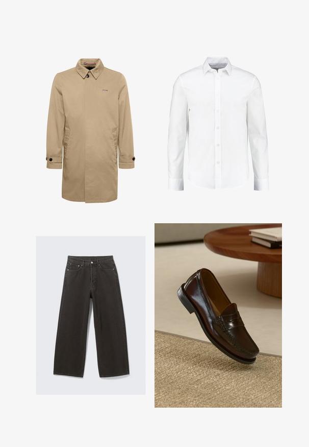 Beige trenchcoat med spids krave, enkelt knaplukning, sidelommer og sorte knapdetaljer. Har et logo i blå, hvid og rød.; Hvid langærmet skjorte med knapper lavet af glat bomuld. Har en klassisk krave og knaplukning foran med en lige nederkant.; Bredde ben sorte denim jeans har høj talje, fem-lomme design og knaplukning foran. Stoffet har en blød, tekstureret overflade.; Brune læder loafers med en blank overflade, der har en syet detalje over fronten og en lavprofil sort gummisål.