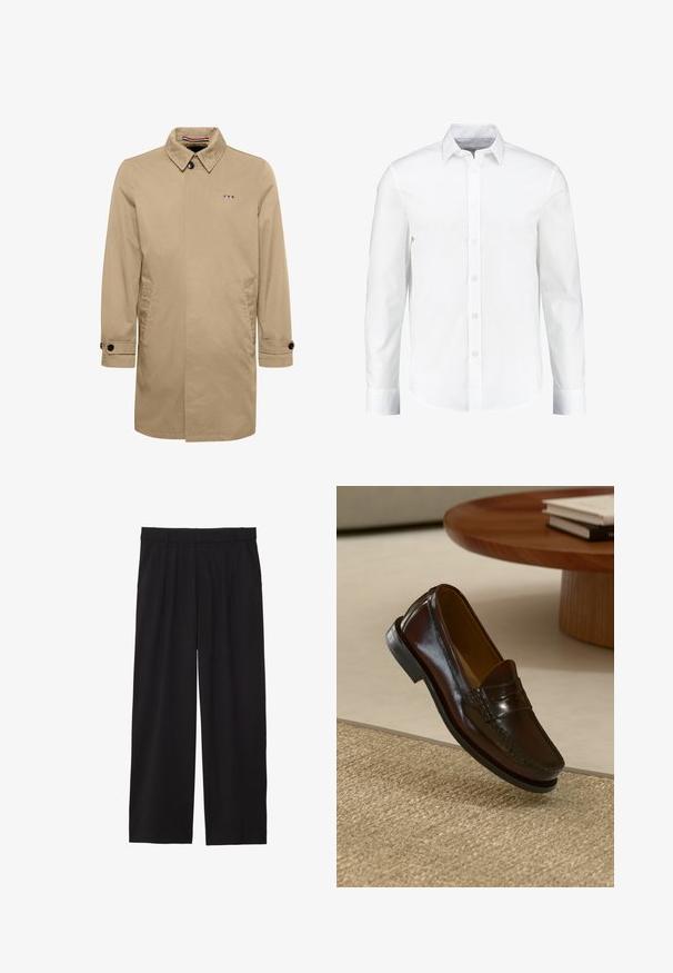 Bež imperijalni kaput s oštrim ovratnikom, zatvaranjem na jedan gumb, bočnim džepovima i crnim gumbima. Sadrži logo u plavoj, bijeloj i crvenoj boji.; Bijela košulja dugih rukava s dugim rukavima izrađena od glatkog pamuka. Ima klasični ovratnik i zatvaranje na gumbe s ravnim rubom.; Crne široke hlače s nabranim prednjim dijelom, bočnim džepovima i glatkom teksturom tkanine. Dizajnirane za opušteni kroj.; Smeđi kožni mokasini s sjajnim završetkom, s prošivom preko prednje strane i niskim crnim gumenim potplatom.