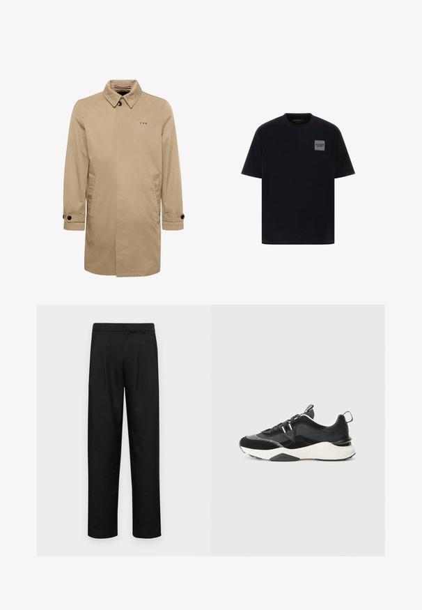 Bežs tranšejas mētelis ar norādītu apkakli, vienu pogu aizdari, sānu kabatām un melnām pogu akcentiem. Iezīmēts ar logo zilā, baltā un sarkanā krāsā.; Melnas kokvilnas T-kreklis ar īsām piedurknēm, kuram kreisajā krūtī ir kvadrātveida pelēks logotipa uzlīme. Ar apaļu kakla dizainu, gluda tekstūra.; Melnas bikses, izgatavotas no gludas auduma, ar taisnu kāju dizainu, divām priekšējām krokām un standarta jostu, kurai ir āķi.; Melni sporta apavi, kas izgatavoti no samta un acs materiāliem, ar masīvu baltu zoli un atstarotājiem. Iekša ar aukliņu dizainu un cilpu.