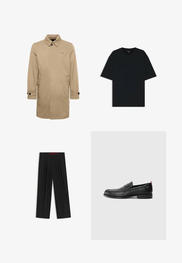 Beige trenchcoat med spids krave, enkelt knaplukning, sidelommer og sorte knapdetaljer. Har et logo i blå, hvid og rød.; Sort bomuld t-shirt med rund halsudskæring og korte ærmer. Har en løs pasform og et enkelt design uden mønstre eller accenter.; Sorte brede bukser med flad front, to sidelommer, plisseret design og en kontrastfarvet rød inderside på linningen.; Sorte læder loafers med en tekstureret frontpanel og glatte sider. Har en slank hæl og en bageste løkke til nem påtagning. Klassisk design.