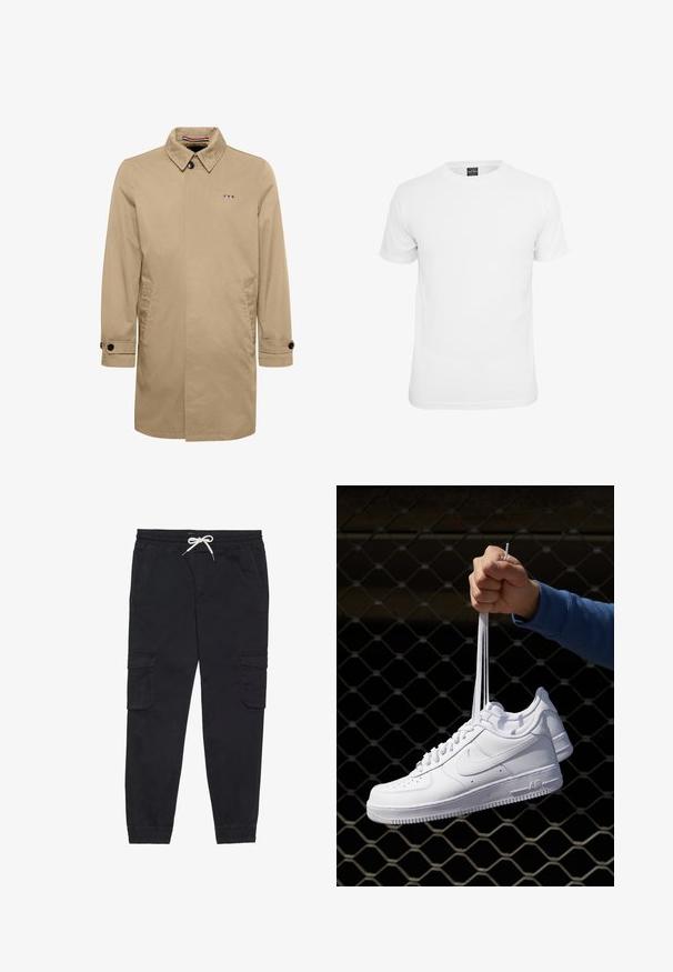Beige trenchcoat med spids krave, enkelt knaplukning, sidelommer og sorte knapdetaljer. Har et logo i blå, hvid og rød.; Hvid kortærmet t-shirt, lavet af bomuld, med en klassisk rund hals og en glat tekstur, designet til afslappet brug.; Sorte cargobukser lavet af bomuld, med en elastisk talje med snøre, sidelommer og tætsiddende ankler.; Hvide lædersneakers med perforeringer, rund tå, flad sål og tykke snørebånd, med et synligt swoosh-logo og "AIR" på hælen.