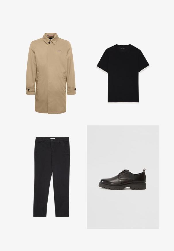 Beige Trenchcoat mit spitzem Kragen, einem einzigen Knopfverschluss, Seitentaschen und schwarzen Knopfakzenten. Mit einem Logo in Blau, Weiß und Rot.; Schwarzes T-Shirt mit kurzen Ärmeln aus strukturiertem Stoff, mit weißen Akzenten an den Bündchen. Gerundetem Halsausschnitt, lockere Passform.; Schwarze Baumwollhose im Slim-Fit-Stil mit zwei seitlichen Taschen und einem vorderen Knopfverschluss. Strukturierter Stoff mit subtilen Details.; Schwarze Leder Schnürschuhe mit glatter Oberfläche, runder Spitze, dicker Gummisohle mit Profilmuster und einer kleinen Fersenschlaufe.