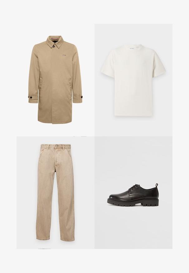 Bež imperijalni kaput s oštrim ovratnikom, zatvaranjem na jedan gumb, bočnim džepovima i crnim gumbima. Sadrži logo u plavoj, bijeloj i crvenoj boji.; Bijela kratka majica s kratkim rukavima u rebrastoj teksturi. Okrugli izrez, ležeran kroj, bez vidljivih uzoraka ili akcenta. Jednostavan i svestran dizajn.; Bež teksas traperice ravnog kroja, s prednjim džepovima, metalnim zakopčavanjem i suptilnom teksturom.; Crne kožne cipele sa vezanjem, s glatkom površinom, zaobljenim vrhom, debelim gumiranim potplatom s uzorkom i malom potpeticom.