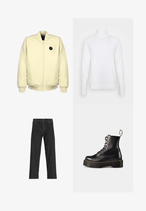 Svijetložuta bomber jakna s prednjim zipom, rebrastim manžetama, dva bočna žepa i crnim kružnim logom na prsima. Mekana tkanina.; Bijela turtleneck majica dugih rukava, izrađena od glatkog materijala. Ima elegantan kroj s rebrastim manžetama i donjim rubom. Bez uzoraka ili dodataka.; Crne traperice s ravnim krojem, s patentnim zatvaračem, petljama za pojas i šest džepova, izrađene od čvrste mješavine pamuka.; Crne kožne čizme s vezanjem do članka, s debelim crnim potplatom i žutim šavom. Imaju traku za povlačenje na stražnjoj strani i okrugle metalne rupice.