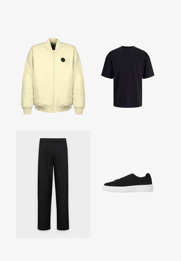 Pilkai geltonos spalvos bombonešio striukė su priekiniais užtrauktukais, surauktais rankogaliais, dviem šoninėmis kišenėmis ir juodu apvaliu logotipu ant krūtinės. Minkšta audinio tekstūra.; Juodas medvilninis marškinėlis su apvaliu iškirpimu, trumpomis rankovėmis ir laisvu siluetu. Glotni tekstūra, be matomų raštų ar akcentų.; Juodi kelnių modeliai, pagaminti iš lygios medžiagos, turi tiesią kojas, du priekiniai klostės ir standartinę juosmenį su diržo kilpomis.; Juodas zomšiniai sportbačiai su apvaliu nosiu, raišteliais priekyje ir baltu guminiu padu. Paprastas dizainas su minimaliais akcentais ir lygiu paviršiumi.