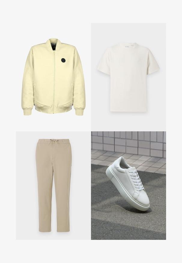 Světlá žlutá bomberka s předním zipem, ribbenými manžetami, dvěma bočními kapsami a černým kulatým logem na hrudi. Měkká textilie.; Bílý krátký rukáv tričko s pružnou strukturou. Kulatý výstřih, volný střih, bez viditelných vzorů nebo detailů. Jednoduchý a univerzální design.; Béžové lounge kalhoty s elastickým pasem a šňůrkou, s rovnými nohavicemi a měkkou, hladkou texturou.; Bílé kožené tenisky s hladkým povrchem, kulatou špičkou a plochými bílými tkaničkami. Disponují texturovanou gumovou podrážkou a minimálními designovými prvky.