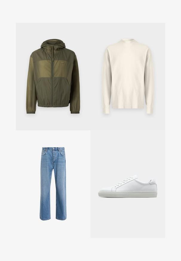 Lett olivegrønn hettejakke med glidelås foran, elastiske mansjetter og to frontlommer; har et teksturert stoff og logo-detalj.; Langermet genser med høy hals i lys krembomull. Glatt tekstur, avslappet passform, minimalistisk design, ingen synlige mønstre eller aksenter.; Lys blå denimjeans med rett ben-design, fem lommer, knappeåpning, minimal falming og kontrasterende sømdetaljer.; Hvit sneakers med en glatt skinnoverdel og lav profil. Har en rund tå, seks snøring hull, og en teksturert gummisåle.
