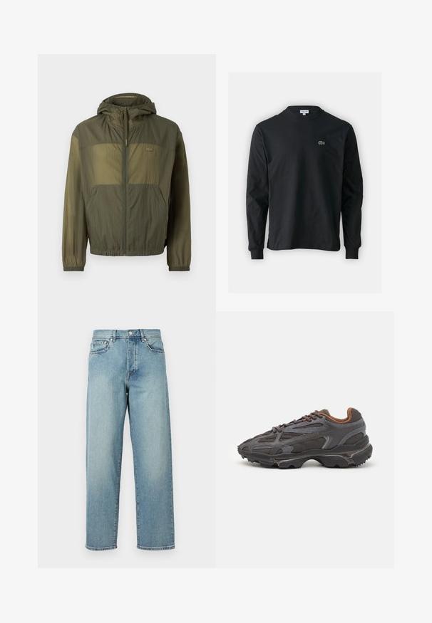 Kerge oliivroheline kapuutsiga jope, millel on luku ees, elastsed mansetid ja kaks eesmist taskut; omaduseks on tekstureeritud kangas ja logo detail.; Must musta särk pikad varrukad, valmistatud puuvillast, ümar kaelus ja vasakul rinnal väike rohelise värvi tikandiga krokodillilogoga.; Heledad sinised teksad, mis on laia lõikega, sirged jalad, viie tasku disain ja nupuga kinnitamine vööl. Minimalistlik õmbluse detail.; Tumed hallid Lacoste tossud, mis on valmistatud võrkkangast ja sünteetilisest materjalist, omavad tekstureeritud talla ning pruune aktsente kaeluse ja brändingu juures.