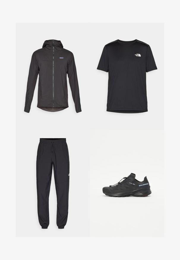 Jaqueta leve preta com capuz ajustado, fecho frontal e painéis laterais texturizados. Possui um pequeno logotipo no peito e uma bainha arredondada.; T-shirt preto de manga curta feito de um tecido leve. Apresenta um pequeno logo branco ao lado esquerdo do peito e detalhes subtis nos ombros.; Calças atléticas pretas feitas de tecido leve, com um cós ajustável por cordão, bolsos laterais e punhos afunilados nos tornozelos.; Sapatilha de trail running preta com um upper texturizado, atacadores elásticos e sola Contagrip. Apresenta um ajuste confortável e uma biqueira protetora.