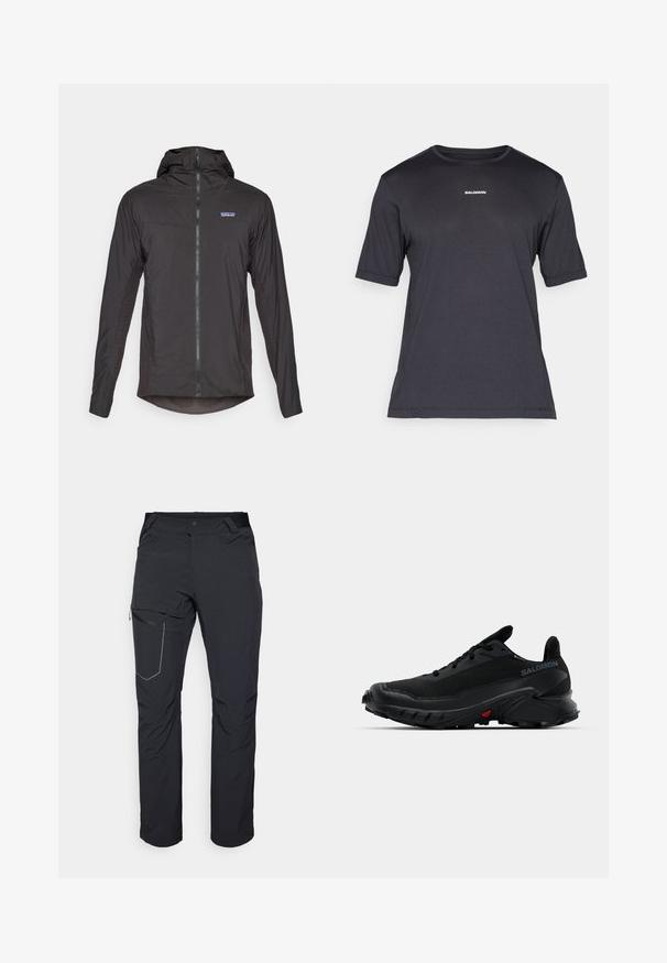 Jaqueta leve preta com capuz ajustado, fecho frontal e painéis laterais texturizados. Possui um pequeno logotipo no peito e uma bainha arredondada.; T-shirt de desempenho preta de manga curta, feita de tecido respirável, com decote redondo e pequeno logótipo branco "SALOMON" no peito.; Calças de exterior pretas com um bolso com fecho na coxa, cintura elástica e tecido liso e resistente à água. Design limpo, sem logótipos visíveis.; Tênis esportivos pretos com um cabedal texturizado, bico arredondado e solado de borracha proeminente. Apresenta um logotipo na lateral e detalhes vermelhos na sola.