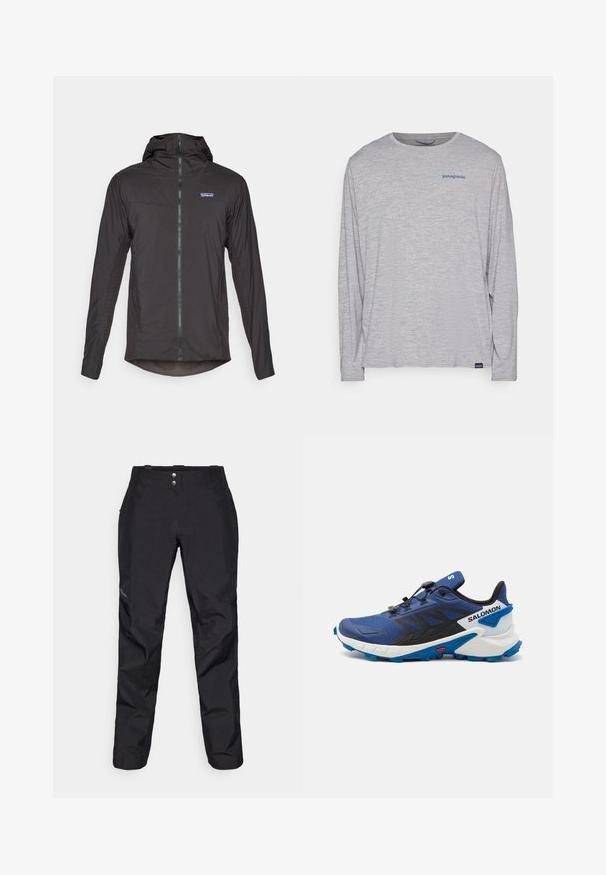 Jaqueta leve preta com capuz ajustado, fecho frontal e painéis laterais texturizados. Possui um pequeno logotipo no peito e uma bainha arredondada.; T-shirt de mangas longas cinza claro, feito de um tecido suave e texturizado. Apresenta um decote redondo e um pequeno logotipo azul da Patagonia no peito.; Calças impermeáveis pretas com uma textura suave, apresentando dois botões na frente e um design de perna ajustada. Decoradas com um logotipo de lado.; Sapatilha de corrida azul com um upper texturizado, detalhes em preto e uma entressola branca. Apresenta um sistema de atacadores rápidos e uma sola azul robusta.