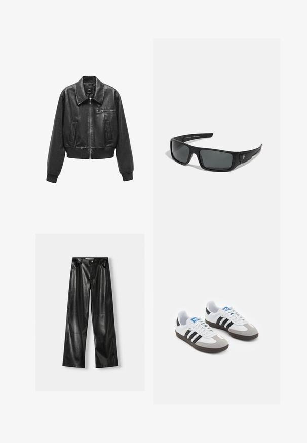 Mango Faux leather jacket - black; Two long-sleeve tops: one black and one white. Both feature a round neckline and a smooth, ribbed texture. Brand label visible inside neckline.; Black leather wide-leg pants with a shiny texture, featuring two front pockets, a button closure, and visible seam details.; Sport shoes with a white leather upper, gray suede toe, and three black stripes. Features a blue logo on the tongue and a textured rubber sole.; Black sunglasses with a rectangular frame, dark gray lenses, and smooth plastic finish. Notable logo accent on the side.; Black nylon shoulder bag with a curved shape, silver chain accent, detachable mini pouch, and adjustable strap; features "Steve Madden" logo.