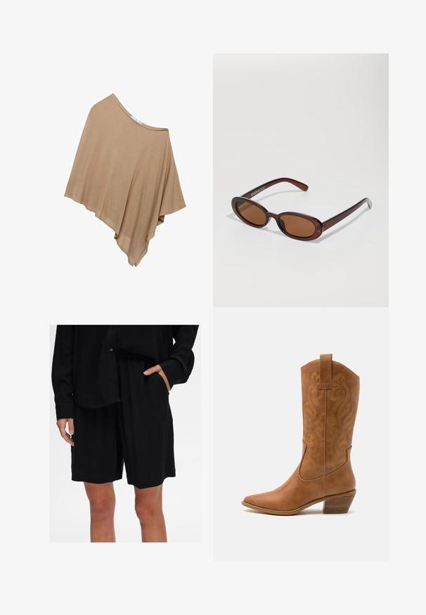 Poncho di un marrone chiaro, con una vestibilità ampia, realizzato in un tessuto morbido. Caratterizzato da un ampio scollo e un orlo asimmetrico per una forma fluida.; Top corto senza maniche di colore nero, realizzato in tessuto liscio. Presenta sottili spalline a spaghetto e un collo a barco, con una vestibilità aderente.; Pantaloni corti neri a vestibilità rilassata realizzati in tessuto morbido, con cintura elastica e tasche laterali; abbinati a una camicia con bottoni coordinata.; Stivale cowboy in pelle marrone chiaro con punta affusolata, modelli ricamati a spirale sull'asta e tacco a blocco impilato. Presenta una linguetta per una facile calzata.; Occhiali da sole rotondi con tonalità marrone, montatura lucida color bordeaux. Aste sottili con un sottile dettaglio del marchio. Design delle lenti piatte.; PULL&BEAR Shopping bag - mottled dark brown