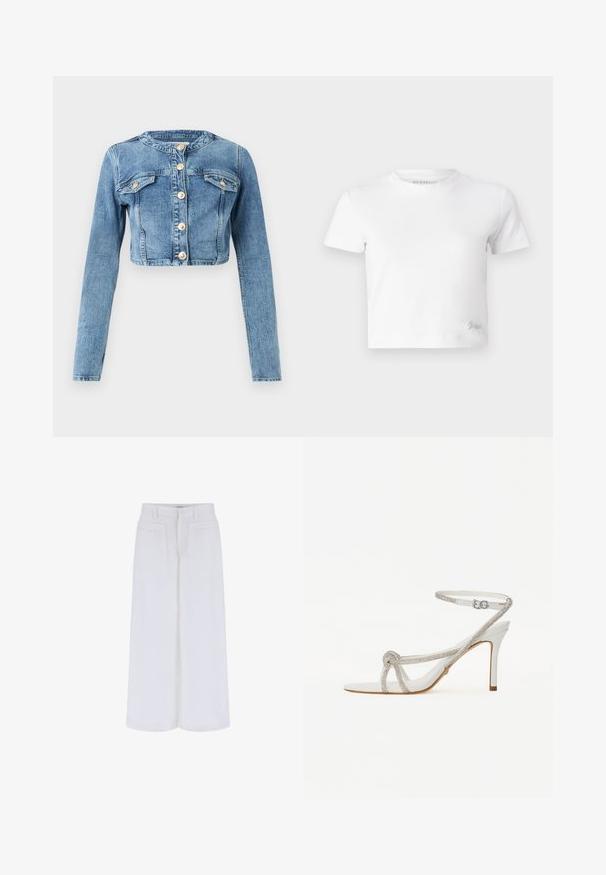 Giacca di jeans cropped blu chiaro con maniche lunghe, quattro tasche frontali e bottoni dorati, esposta su uno sfondo bianco semplice.; T-shirt cropped bianco realizzato in cotone liscio, con un collo alto e maniche corte. Piccolo logo ricamato nell'angolo inferiore.; Pantaloni bianchi a gamba larga con una texture liscia, dotati di due tasche frontali e chiusura a bottone, progettati per un fit rilassato.; Sandal con tacco alto bianco con cinturino testurizzato e strass, design aperto sulla punta e cinturino alla caviglia con fibbia regolabile.