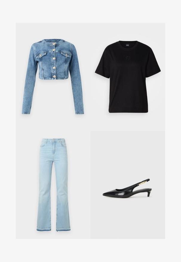 Svijetloplavi skraćeni traper jakna s dugim rukavima, četiri prednja džepa i zlatnim dugmadi, izložena na jednostavnoj bijeloj pozadini.; Crna pamučna majica s okruglim izrezom, kratkim rukavima i izvezenim logotipom na prsima. Jednostavan, opušten kroj bez uzorka.; Svijetloplave traperice s širim nogavicama, visokog struka, s prednjim džepovima i sirovim rubom na manžetama za ležeran izgled.; Crne kožne sandale s petom, s izduženim vrhom, imaju usku petu i zlatni akcent na podesivoj traci. Glatka tekstura.