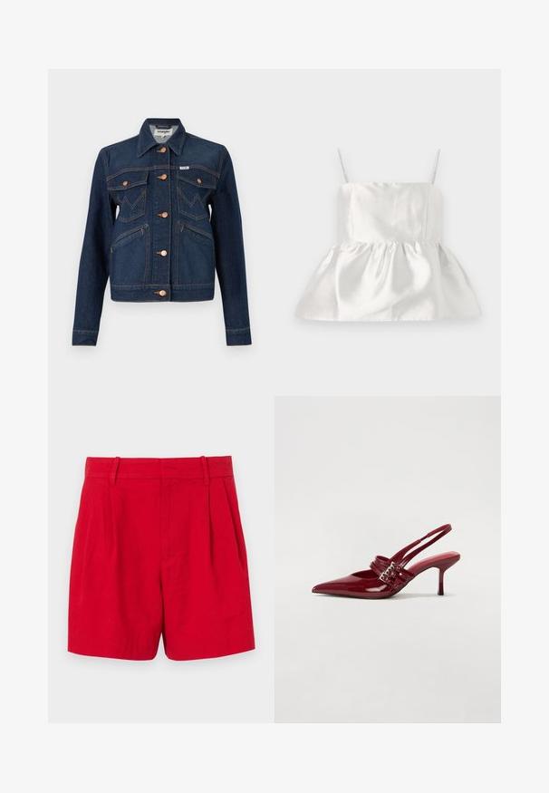 Tumedast denimist jakk, millel on lühendatud disain, pronksist nupud, kaks rinna taskut, küljetaskud ja oranžid õmblused.; Valge satiinist topp õhukeste rihmadega ja vormitud rinnaosaga, mis laieneb ridu pehmendava peplumi hemiga, sile tekstuur kerge läikega.; Punased linased lühikesed püksid kõrge vöökohaga, mis sisaldavad ees pleate ja vöökohaga silmuseid, ning sujuvat tekstuuri. Tavaline lõige koos puhta ja kohandatud disainiga.; Punased lakknahast slingback kontsad, millel on terav varvas, kaks luku rihma ja saledat, keskmise kõrgusega stiletto kontsad. Sile tekstuur.