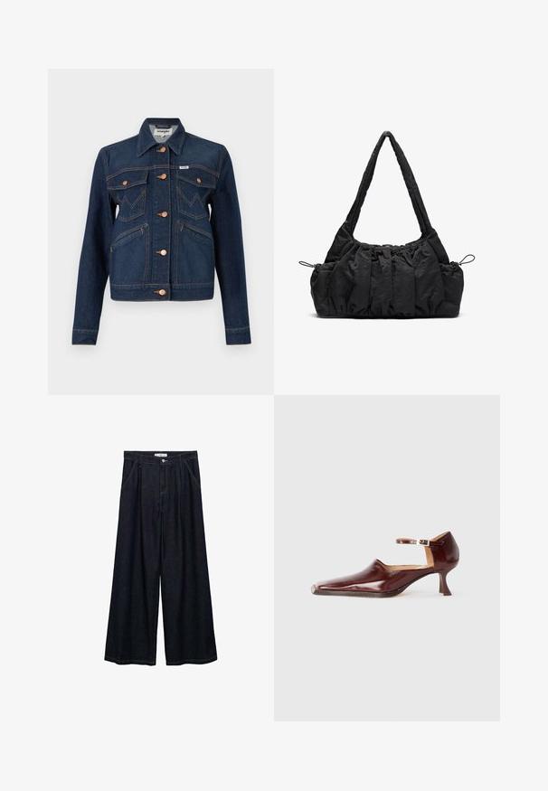 Tumma farkkutakki, jossa on lyhennetty muotoilu, varustettuna kuparinvärisillä napeilla, kahdella rintataskulla, sivutaskuilla ja oransseilla ompeluvaroilla.; Harmaa pitkähihainen paita, jossa on pyöreä kaula-aukko, valkoisella reunuksella kaula-aukossa ja hihoissa. Valmistettu pehmeästä, teksturoidusta kankaasta.; Tummat farkku leveälahkeiset housut korkealla vyötäröllä, joissa on etunapit, kaksi sivutaskua ja ompeluyksityiskohtia.; Burgundiin lakattu nahkakenkä, jossa on terävä kärki, nilkkaremmi ja 5 cm:n kapeneva korko. Sujuva pinta ja minimalistinen muotoilu.; Musta kangaskassi, jossa on rypistetty pinta, kaksi olkahihnaa ja narukiristys sivuilla. Sileä, kevyt materiaali.