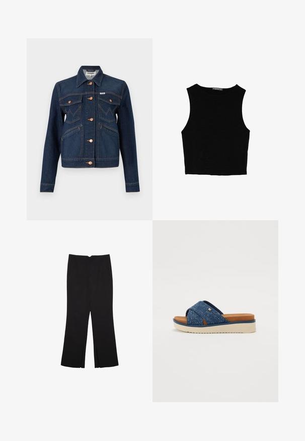 Tmavě modrá džínová bunda s kratším střihem, se měděnými knoflíky, dvěma náprsními kapsami, bočními kapsami a oranžovými švy.; Černý bezsleeve crop top vyrobený z hladké tkaniny, s kulatým výstřihem a čistým, jednoduchým designem bez vzorů nebo kovových doplňků.; Černé kalhoty s rovným střihem, s předními kapsami a bočními rozparky na lemu. Vyrobené z jemné, hladké tkaniny. Vhodné na různé příležitosti.; Modré textilní šlapky s křížovými pásky, béžová gumová podrážka a jemné texturové detaily. Lehké provedení s polstrovanou stélkou.