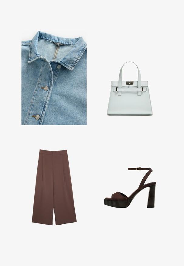 Jasnoniebieska koszula dżinsowa z klasycznym kołnierzykiem, dwoma srebrnymi guzikami oraz kontrastowym przeszyciem na listwie i krawędziach kołnierza.; Czarna szara bluzka z krótkim rękawem i dekoltem w kształcie łódki. Wykonana z prążkowanej tkaniny, ma luźny krój i czyste wykończenie. Prosty design, bez wzorów.; Brązowe spodnie o szerokich nogawkach z gładką fakturą, z wysokim stanem i plisami z przodu. Materiał jest lekki i luźno opada.; Brązowe zamszowe sandały na wysokim obcasie z odkrytymi palcami, regulowanym paskiem na kostce i paskowatą podeszwą.; Jasnoniebieska torebka o strukturalnym designie, z dwoma uchwytami i zapięciem w srebrnym odcieniu. Teksturowany materiał i ostre krawędzie.