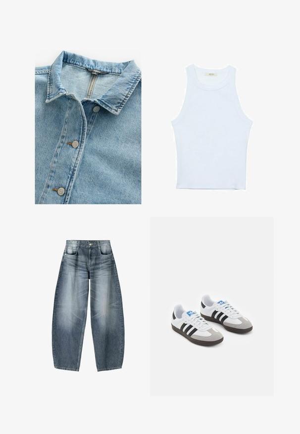 Helles, blaues Jeanshemd mit klassischem Kragen, zwei silbernen Knöpfen und kontrastierendem Stickmuster an der Knopfleiste und den Kragenrändern.; Weißes Tanktop, gerippte Textur, runder Ausschnitt, ärmelloses Design, enganliegende Form, dezente Markenkennzeichnung im Etikett im Kragenbereich.; Weite Jeans aus hellblauem Denim mit Ausbleichungen, im fünf-Taschen-Design, mit Knopfverschluss und minimalen Nähtelementen.; Sportschuhe mit einem Obermaterial aus weißem Leder, grauer Wildleder-Zehenkappe und drei schwarzen Streifen. Sie verfügen über ein blaues Logo auf der Zunge und eine strukturierte Gummisohle.