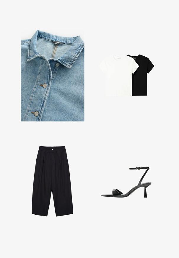 Jasnoniebieska koszula dżinsowa z klasycznym kołnierzykiem, dwoma srebrnymi guzikami oraz kontrastowym przeszyciem na listwie i krawędziach kołnierza.; Dwa t-shirty z krótkim rękawem, jeden biały i jeden czarny, wykonane z bawełny. Oba mają okrągły dekolt i prosty, klasyczny design.; Czarne spodnie culotte z poliestru z elastycznym pasem, dwoma fałdami z przodu i luźnym krojem. Brak widocznych wzorów lub elementów metalowych.; Bershka - Sandały na obcasie