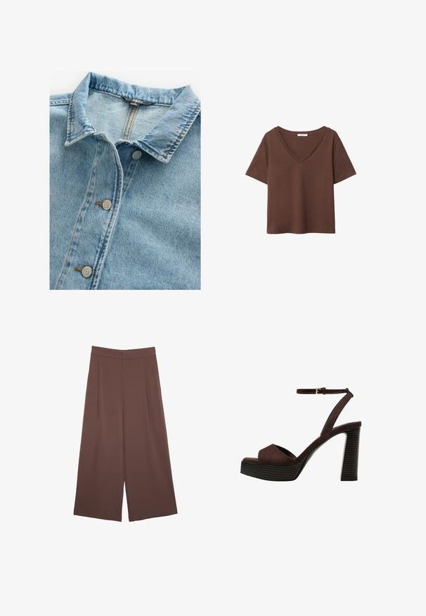 Svijetloplava traper košulja s klasičnom kragnom, dva srebrna gumba i kontrastnim šavovima na prednjem dijelu i rubovima kragne.; Smeđa pamučna majica kratkih rukava s dubokim V-izrezom. Jednostavan dizajn, mekana tekstura i ravni rub. Bez uzoraka ili naglasaka.; Smeđe hlače širokog kroja s glatkom teksturom, koje imaju visok struk i nabore sprijeda. Tkanina je lagana i slobodno se kreće.; Smeđe zamšaste sandale s visokim potpeticama, otvorenim prstima, podesivom trakicom oko gležnja i prugastom platformom.