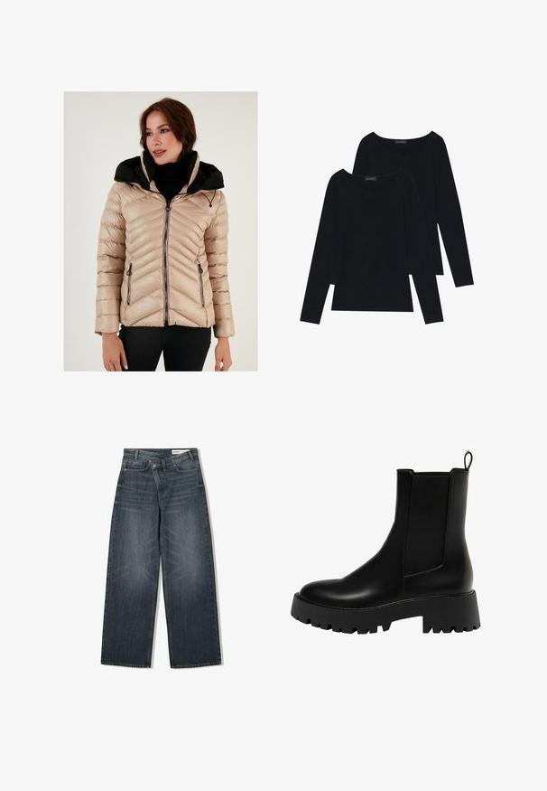 Jachetă puffer bej cu glugă neagră, quilt-ing în formă de diagonală, buzunare cu fermoar și închidere cu fermoar în față. Textura pare netedă și lucioasă.; Două bluze negre cu mânecă lungă, dintr-un material moale, cu dantelă, având decolteu rotund larg, cu un design simplu și o textură fină.; Jeans din denim decolorat închis, cu un design cu picioare largi, dispune de talie înaltă, cinci buzunare și detalii subtile de uzură pe față.; Boots negri de piele, până la glezna, cu un panou lateral texturat, vârf rotund și talpă platformă groasă cu un model de prindere în zigzag.