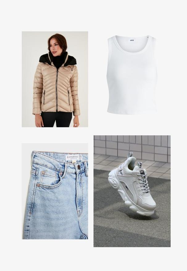 Beige pufferjakke med sort hætte, chevron-quilting, lynlåslommer og lynlåsfortil. Teksturen ser glat og blank ud.; Hvid ribbet tanktop med rund halsudskæring, ærmeløs design og cropped længde. Etiketten står der "JJXX." Glat stoftekstur.; Lyseblå denimjeans med høj talje, fem lommer, hardware i kobberfarve og subtil falming, med et mærke ved taljeopdækningen.; Hvide sneakers med mesh- og lædermaterialer, rund tå, tyk sål, fremtrædende snørebånd og branding på hælen og tungen.