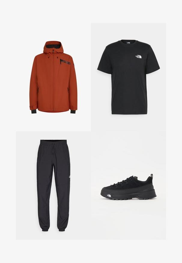 Oranžs ūdensnecaurlaidīgs džemperis ar pilnu rāvējslēdzēju, regulējamu kapuci un melniem akcentiem. Aprīkots ar divām kabatām ar rāvējslēdzējiem un elastīgām aprocēm.; Melna kokvilnas T-krekls ar īsām piedurknēm, apaļu kakla izgriezumu un mazu balto logotipu kreisajā krūtīs. Vienkāršs dizains, gluda tekstūra un brīvs piegriezums.; Melni sporta bikses, kas izgatavotas no viegla auduma, ar savelcamu jostu, sānu kabatām un sašaurinātiem apakšējiem galiem pie potītēm.; Melni āra sporta apavi ar zamšādas virsu, teksturētu gumijas zoli un izturīgu auklu sistēmu. Iezīmēts ar pastiprinātu papēdi un zīmola logo sānu daļā.