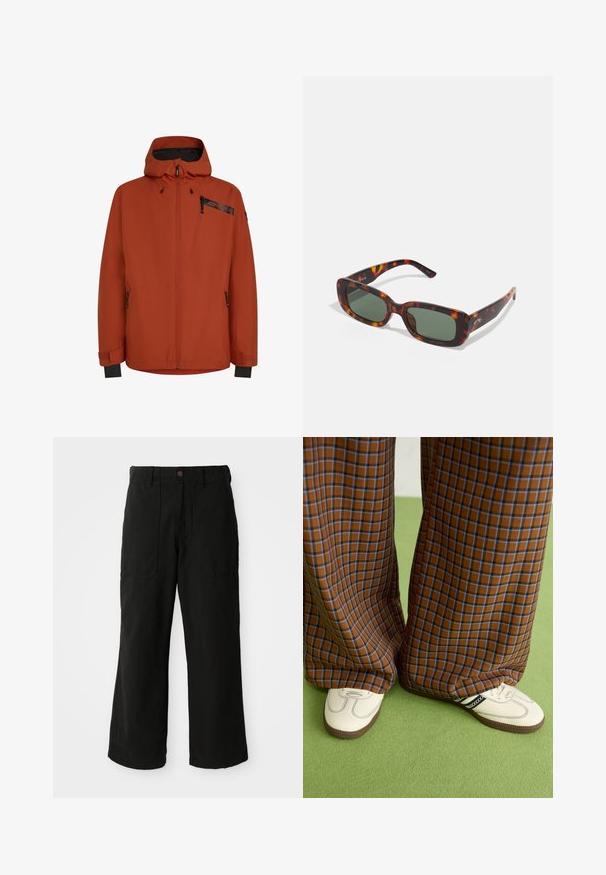 Oranž kummikate, millel on täispikk lukk, reguleeritav kapuuts ja mustad aktsendid. Omab kahte lukuga taskut ja elastseid mansette.; Valge sportlik rinnahoidja, millel on sile kangas, risti tagaosa ja hall elastne bänd, millel on must Carhartt logo. Suurus väike.; Mustad laiad mustad püksid pehmest kangast, ees taskud ja nupukinnitus taljes. Minimalistlik disain ilma nähtavate mustriteta.; Pruunide ja siniste ruuduliste laiad püksid, mille juurde on kombineeritud valged kingad mustade aktsentidega ja tekstuursete taldadega, roheline taust.; Pruunil tortoosilisel päikeseprillidel on rohelised läätsed. Ristkülikukujulised raamid on sujuva pinnaga ja kergelt kõverdunud tempidega.