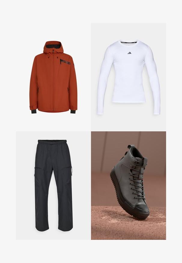 Oranssi vedenpitävä takki, jossa on täysipitkä vetoketju, säädettävä huppu ja mustat yksityiskohdat. Varustettu kahdella vetoketjullisella taskulla ja elastisilla hihoilla.; Valkoinen pitkähihainen urheilupaita joustavasta kankaasta, jossa on pyöreä kaula-aukko ja musta Adidas-logo rinnassa.; Mustat cargo-housut, joissa on elastinen vyötärö, kaksi vetoketjullista taskua ja kevyt, sileä kangas.; Korkean varren tennarit harmaasta nahasta, jossa on teksturoitu pintakuvio, musta kuminen varvaskuppi ja harmaat nauhat. Sukahanke kantapäässä.