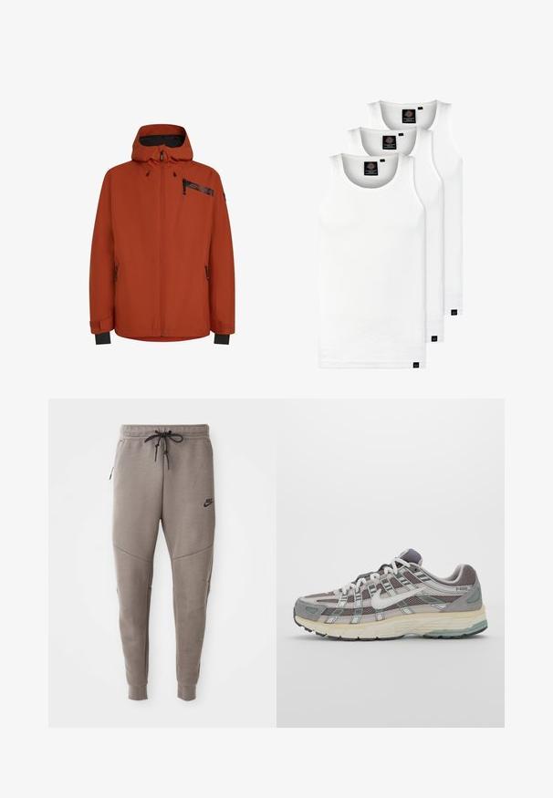 Oranje waterdichte jas met volledige rits, verstelbare capuchon en zwarte accenten. Voorzien van twee ritszakken en elastische manchetten.; Drie witte geribde tanktops van katoen. Kenmerken zijn een ronde hals en kleine zwarte labels nabij de zoom. Verkrijgbaar in meerdere maten.; Grijze Nike-sweatpants met een verstelbare tailleband, taps toelopende benen, zijzakken en opvallende naaddetails. Zachte, gestructureerde stof.; Grijze sportieve schoen met een bovenwerk van mesh en suede, witte accenten, een gevoerde zool en een onderscheidend ontwerp met reflecterende elementen.
