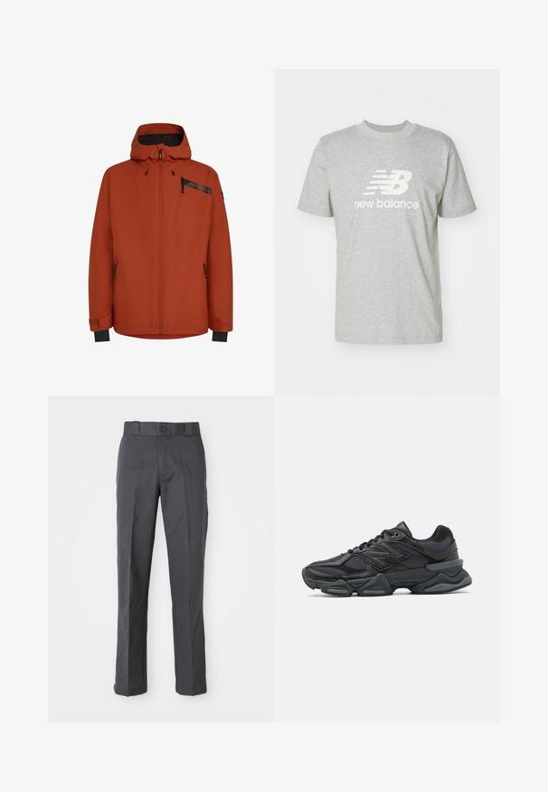 Orangen wasserfeste Jacke mit einem durchgehenden Reißverschluss, verstellbare Kapuze und schwarzen Akzenten. Verfügt über zwei Reißverschlusstaschen und elastische Bündchen.; Hellgraues Baumwoll-T-Shirt mit kurzen Ärmeln, Rundhalsausschnitt und dem weißen "New Balance"-Logo, das prominent auf der Vorderseite angebracht ist.; Dunkelgraue Hose aus Baumwollmischung mit geradem Bein, vorderen Taschen und einem Knopfverschluss an der Taille.; Schwarzer Laufschuh mit einer Mischung aus Mesh- und sinthetischen Materialien, dicke Sohle, geschwungenes Design und auffälliger Markenkennzeichnung an der Seite.