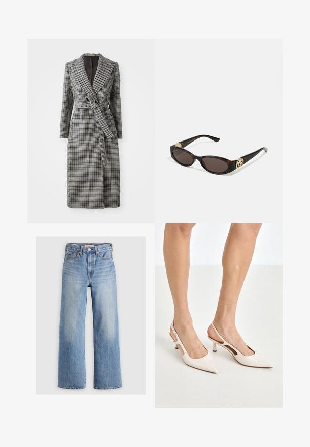 Dlouhý, dvouřadý kabát v modro-hnědém vzoru houndstooth, s opaskem v pase, klopovým límcem a dlouhými rukávy.; Dlouhý rukáv s rolákem v světle béžové barvě. Vyrobeno z měkké, elastické látky s volným střihem a přehnutým výstřihem.; Světle modré džínové široké nohavice s vysokým pasem, vybledlými oblastmi, pěti kapsami a kontrastním prošitím. Klasické zapínání na knoflík a zip.; Béžové lakované lodičky na podpatku s špičatou špičkou a 5 cm podpatkem, se vykrojenými boky a tenkým kotníkovým páskem.; Brýle sluneční s kočičím vzorem, prodloužené oválné čočky, hnědý odstín, zlaté logo na spáncích a elegantní černé nožičky.; Zakřivená krémová kožená kabelka s jedním popruhem, zlatými kovovými prvky a jemným logem ve spodní části. Zapínání na zip podél horního okraje.