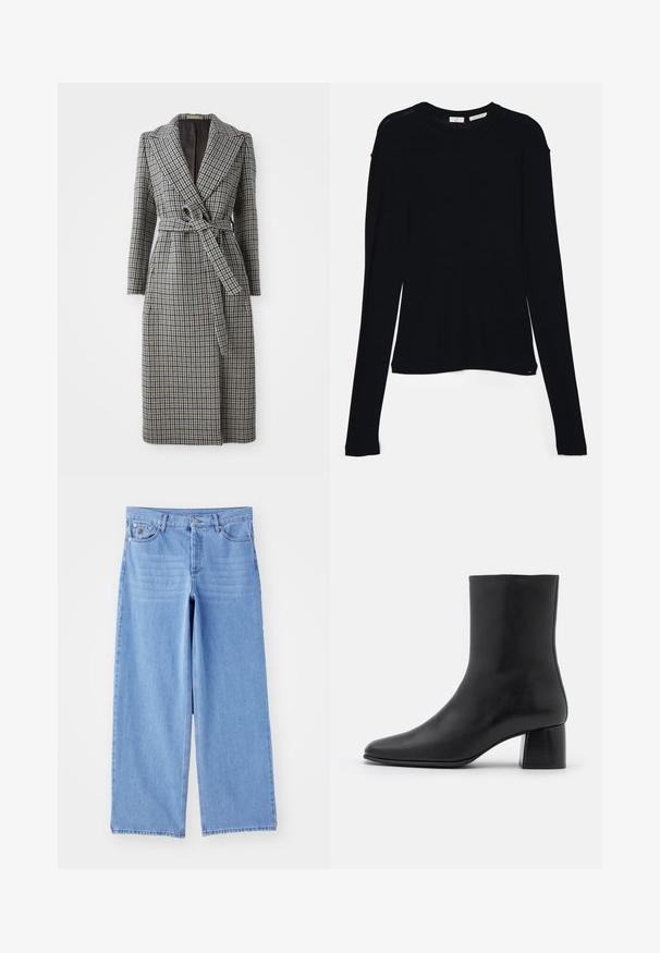 Casaco longo, de duplo peito, em padrão houndstooth azul e castanho, com um cinto na cintura, colarinho com lapela e mangas longas.; Top preto de manga longa feito de tecido suave, com decote redondo e um corte relaxado, apresentando aberturas laterais na barra para facilitar os movimentos.; Jeans de perna larga azul claro feitos de denim, com um design clássico de cinco bolsos e fecho com botão. Textura suave, bainha desfiada.; Botim de pele preta até ao tornozelo com biqueira pontiaguda e salto quadrado robusto. Textura suave com um design sem costuras e costura minimalista.