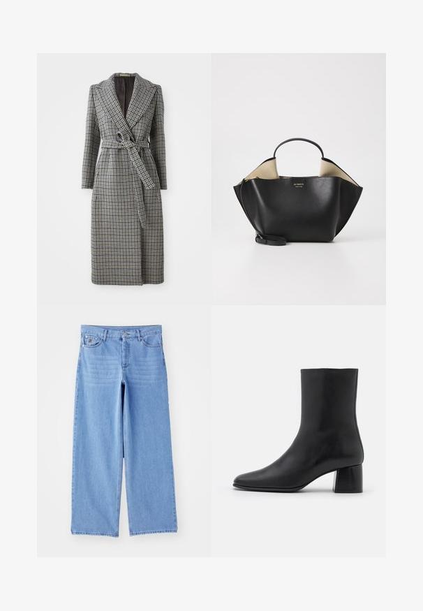 Garšs, divrindas mētelis zilo un brūno kauliņu rakstā, ar jostu viduklī, apkaklītes un garām piedurknēm.; Melnas ilgas piedurknes krekls, kas izgatavots no mīksta auduma, ar apaļu kakla izgriezumu un brīvu piegriezumu, ar sānu šķēlumiem apakšmalā, lai nodrošinātu ērtu kustību.; Gaiši zili platā kāja džinsi, izgatavoti no denima, ar klasisku piecu kabatu dizainu un pogu aizdari. Gluda tekstūra, sakrāmēta apakšmala.; Melnas ādas potīšu zābaki ar norādītu pirkstu un masīvu kvadrātveida papēdi. Gluda tekstūra ar bezšuvju dizainu un minimālistisku šuvēm.; Ree Projects ANN TOTE MINI - Rokassoma - black