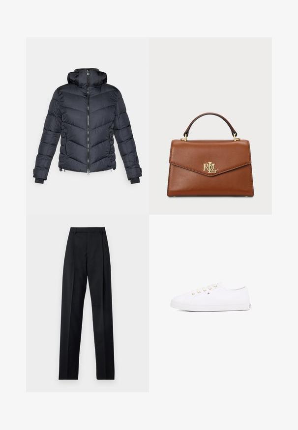 Black puffer jacket with a high collar, featuring a zip front, chevron stitching, and elastic cuffs. Includes side zip pockets.; Blue and white striped button-up shirt with a collar, featuring a small embroidered logo on the chest and buttoned cuffs. Soft fabric texture.; Black trousers made from smooth fabric featuring a high waist, wide legs, front pleats, and classic belt loops. No side pockets visible.; White canvas sneaker with gold eyelets, flat laces, textured rubber sole, and minimal branding on the side. Low-profile design.; Brown leather handbag with a structured design, a top handle, gold hardware, and a logo accent on the front. Smooth texture.