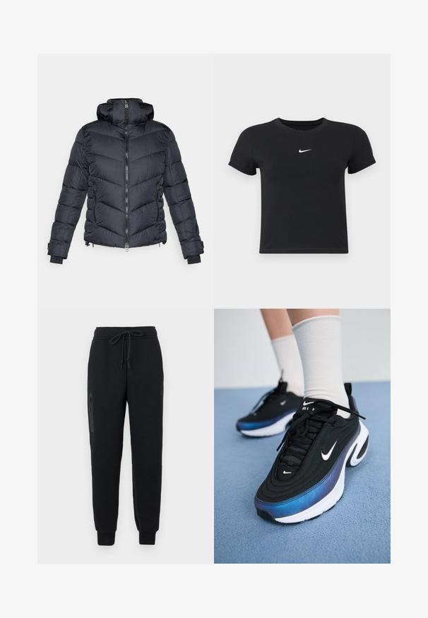Must pufferjope kõrge kraega, esiosal lukuga, chevron-tikandiga ja elastsete varrukaservadega. Sisaldab külgliugletaskuid.; Must have lühikeste varrukatega must t-särk, mis on valmistatud puuvillast ja millel on ümar kaelus. Ees on valge Nike logo, minimaalne disain ja sobiv kuju.; Mustad mustad teksad, millel on reguleeritav vöökoht, lukuga küljetasku ja kitsenevad varrukad. Valmistatud pehmest, tekstuuriga kangast.; Mustad mustad Nike tossud, millel on sujuv kangaste ülemine osa ja gradientne sinine-must disain, valge tallaga ja silmatorkavate logode aktsentidega.