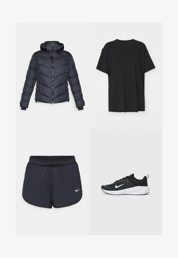 Black puffer jacket with a high collar, featuring a zip front, chevron stitching, and elastic cuffs. Includes side zip pockets.; Black short-sleeve t-shirt made of smooth fabric, with a crew neck and loose fit. Features side slits for added comfort and breathability.; Black athletic shorts with an elastic waistband, featuring a sporty design and a white Nike logo on the lower front. Textured fabric.; Black athletic shoe with a breathable fabric upper, white swoosh logo, smooth white midsole, and textured black outsole.