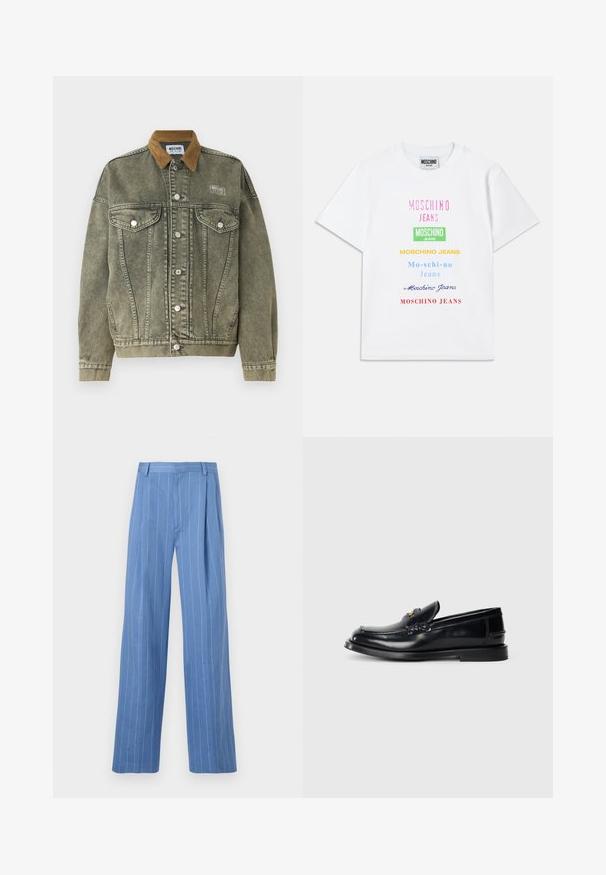 Žalias džinsinis švarkas su rudais aksominiais apykaklėmis, priekinių kišenių dangteliais ir sidabriniais mygtukais. Turi tekstūruotą, nusidėvėjusią išvaizdą.; Balta medvilninė marškinėliai su keliais tekstiniais logotipais rožinės, žalios, geltonos, mėlynos ir raudonos spalvų, išdėstyti vertikaliai priekyje.; Šviesiai mėlynos plačios kojų kelnės su vertikaliomis baltomis juostelėmis. Pagamintos iš lygaus audinio, turi priekinę raukšlę ir švarų juosmens dizainą.; Juodas odinis loafersas su siuvinėjimu, maža priekine skiltimi ir plokščiu guminiu padu. Lygus paviršius su aukso tono detalėmis.