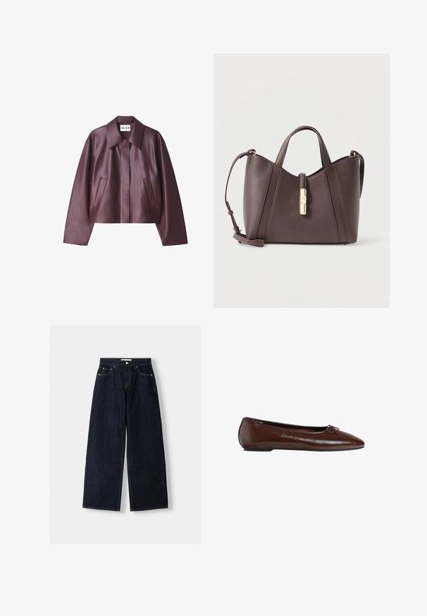 NA-KD Giacca in similpelle - burgundy; Maglione a maglia marrone scuro con collo a giro, maniche lunghe e bordi a coste. Tessuto morbido con un design a vestibilità rilassata.; Jeans a gamba larga in denim blu scuro con vita alta, cinque tasche, cuciture a contrasto e hardware in metallo argentato. Texture liscia e finitura pulita.; Ballerine in pelle marrone con una superficie liscia, punta affusolata e un dettaglio a fiocco sulla parte anteriore, dotate di una suola bassa in gomma nera.; Borsa a mano in pelle marrone con design strutturato, doppie maniglie corte e tracolla rimovibile. Presenta un dettaglio di chiusura in tonalità oro.