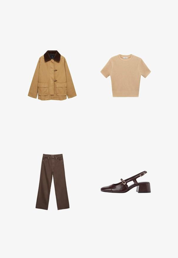 Mango Krátky kabát - brown; Béžový pletený sveter s krátkym rukávom a okrúhlym výstrihom, s textúrovaným vzorom a rebrovaným lemom. Jednoduchý, priliehavý strih.; Džínsy s širokými nohavicami v hnedej farbe, vyrobené z denimu, so zvýšeným pásom, prednými vreckami a klasickým zapínaním na gombík. Hladká textúra s jemným prešívaním.; Hnedé kožené sandále na podpätku so štvrtkovým špičkou, vyrezávanými bokmi a blokovým podpätkom. Obsahujú pracku na pásiku okolo členka.