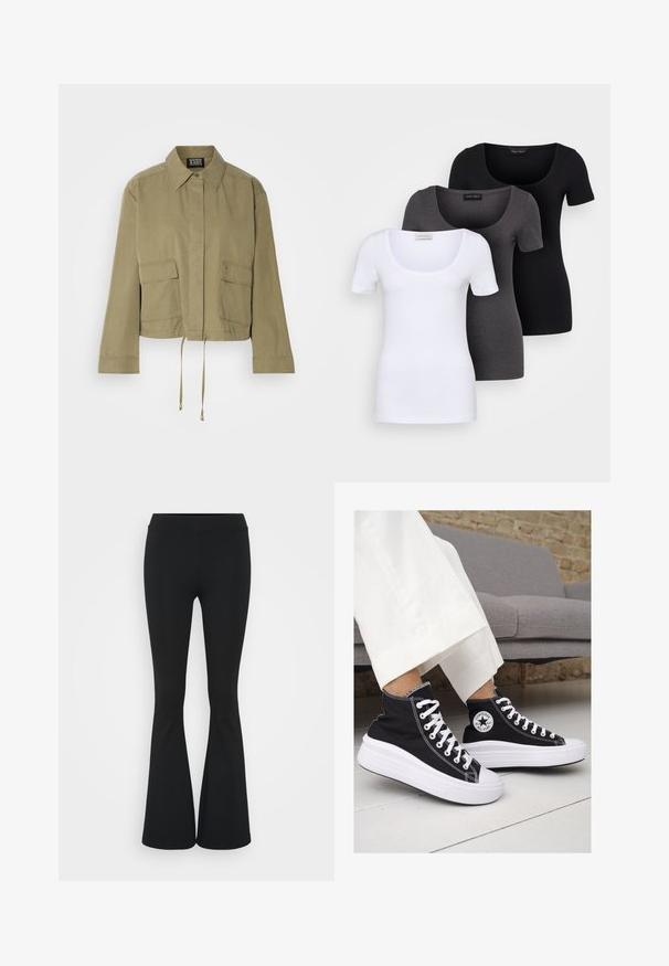 Krikšto rankovių chaki spalvos švarkas iš medvilnės su apykakle, dviem priekinėmis kišenėmis, raišteliu apatine dalimi ir švariu, minimalistiniu dizainu.; Trys priderinti marškiniai: balti, pilki ir juodi. Kiekvienas turi plačią apvalią iškirptę ir trumpas rankoves. Pagaminti iš lygaus, tamprių audinio.; Juodai platėjantys kelnių, pagamintų iš tamprių medžiagų, kurie turi aukštą juosmenį ir lygią tekstūrą. Kelnės platėja nuo kelio.; Juodi kanvasiniai aukšti sportbačiai su baltais guminiais padu ir raišteliais. Šonuose yra apskritas logotipas ir ryški balta siūlė.