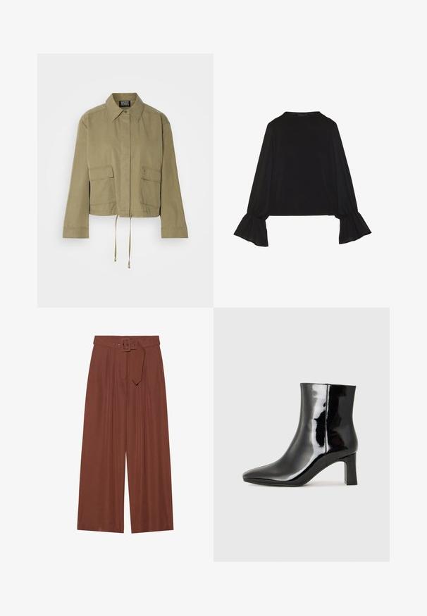 Kratkām piedurknēm khaki jaka, izgatavota no kokvilnas, ar apkakli, divām priekšējām kabatām, stringa apakšmalu un tīru, minimālistisku dizainu.; Melna garām piedurknēm krekls ar izplestu aproču, maigu tekstūru un brīvu piegriezumu, ar vienkāršu apaļu dekoltē.; Platas kājas bikses brūnā audumā, ar jostu ar kvadrāta sprādzi, plišu dizainu un gludu tekstūru.; Melnas patentētas ādas potīšu zābaki ar norādītu pirkstu un vidēja augstuma kvadrātveida papēdi. Gluda tekstūra un minimālisma dizains.