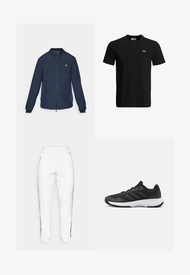 Marine bomberjack met een ritssluiting aan de voorkant, zijpanelen in het blauw, geribbelde boorden en een klein gouden adelaarslogo op de borst. Lichte stof.; Zwart katoenen t-shirt met een ronde hals, korte mouwen en een klein groen krokodillenlogo op de linkerborst. Vloeiende textuur, casual ontwerp.; Witte sweatpants met elastische tailleband, voorzien van zwarte zijkanten en boorden. Gemaakt van zacht materiaal met een gladde textuur.; Zwarte sportieve schoen met een gestructureerde bovenkant, drie horizontale strepen en een witte zool met een gepatternde loopvlak. Lichtgewicht en gestroomlijnd ontwerp.